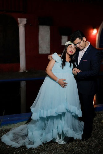 G325, Ice Blue Ruffled Maternity Shoot Gown, Size: All, Color: All