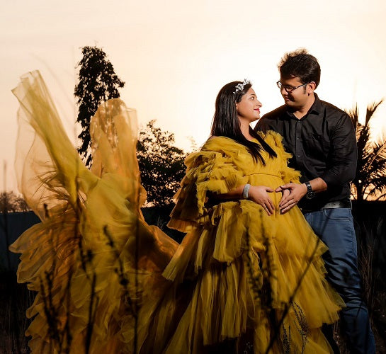 G552, Green Tea Ruffled Slit Cut Maternity Shoot Gown, Size: All, Color: All