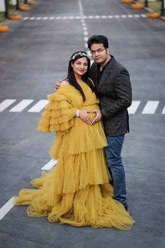 G552, Green Tea Ruffled Slit Cut Maternity Shoot Gown, Size: All, Color: All