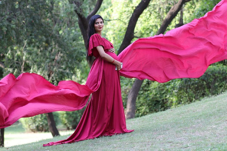 G42, Long Off Shoulder Wine Maternity shoot Baby Shower Lycra Body Fit Gown, Size: All, Color: All