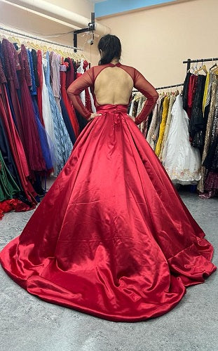 G678, Wine Satin Slit Cut Trail Gown, Size: All, Color: All