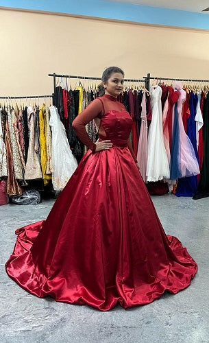 G678, Wine Satin Slit Cut Trail Gown, Size: All, Color: All