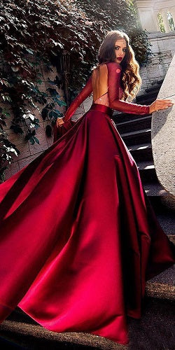 G678, Wine Satin Slit Cut Trail Gown, Size: All, Color: All