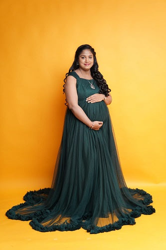 G822, Bottle Green Ruffled Maternity Shoot Gown, Size: All, Color: All