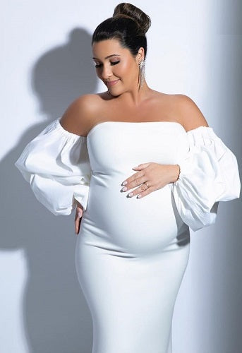W233, White Ruffled Sleeves Maternity Shoot Trail Gown Size: All, Color: All