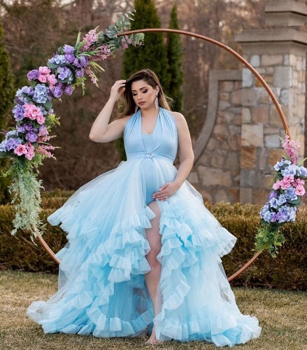 G2126, Ice Blue Slit Cut Frilled Maternity Shoot Trail Gown With Inner, Size: All, Color: All