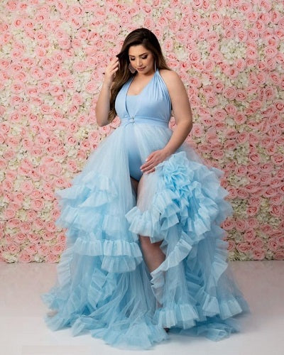G2126, Ice Blue Slit Cut Frilled Maternity Shoot Trail Gown With Inner, Size: All, Color: All