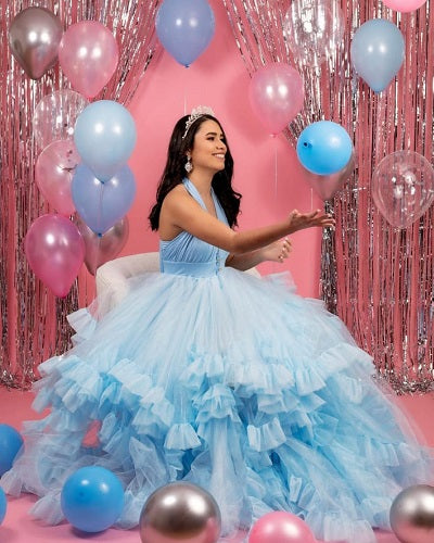 G2126, Ice Blue Frilled Shoot Gown Size: All, Color: All