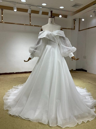 W158, White Satin Off-Shoulder Ruffle Sleeves Trail Shoot Gown, Size: All, Color: All