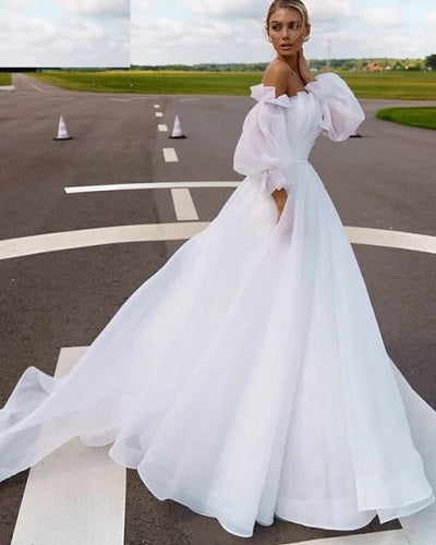 W152, White Tube Top Ruffle Sleeves Trail Shoot Gown, Size: All, Color: All