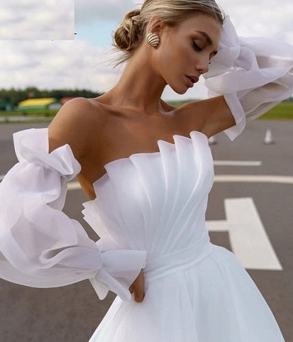 W152, White Tube Top Ruffle Sleeves Trail Shoot Gown, Size: All, Color: All