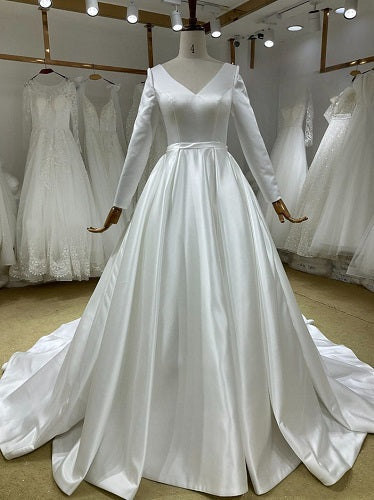 W153, White Satin Full Sleeves Wedding Trail Gown, Size: All, Color: All
