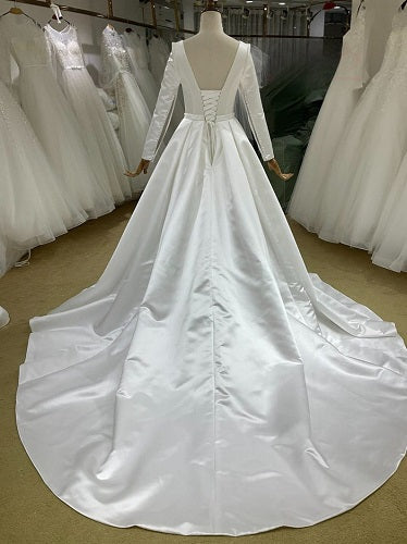 W153, White Satin Full Sleeves Wedding Trail Gown, Size: All, Color: All