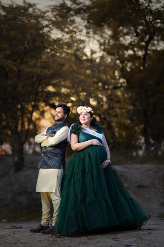 G2049, Bottle Green Ruffled Maternity Shoot Trail Gown: All, Color: All