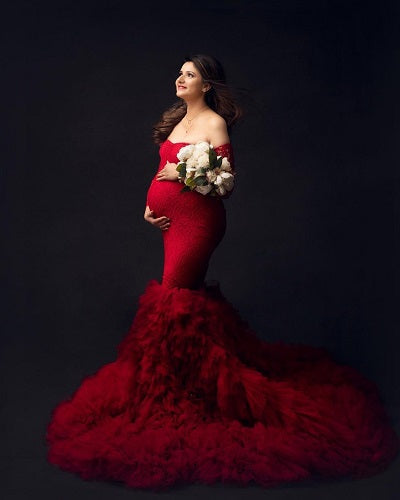 G3025, Wine Body Fit Ruffled Maternity Shoot Long Trail Gown Size: All,Color: All