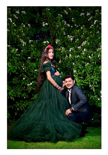 G2049, Bottle Green Ruffled Maternity Shoot Trail Gown: All, Color: All