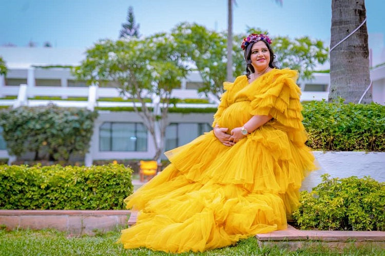 G552, Green Tea Ruffled Slit Cut Maternity Shoot Gown, Size: All, Color: All