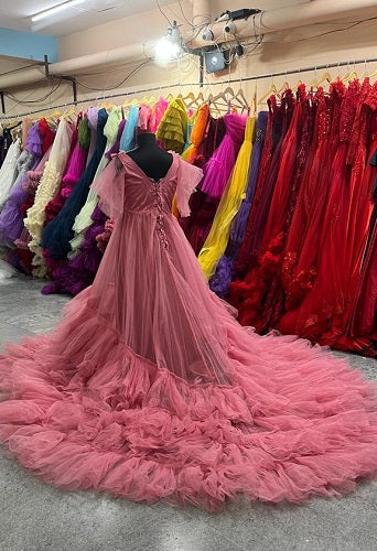 G555, Peach Ruffled Maternity Shoot Gown, Size: All, Color: All