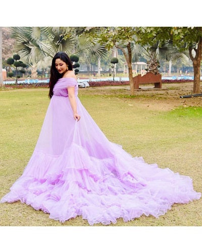 G77, Lavender Frilled Maternity Shoot Trail Gown, Size: All, Color: All