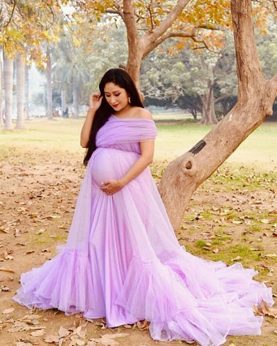 G77, Lavender Frilled Maternity Shoot Trail Gown, Size: All, Color: All