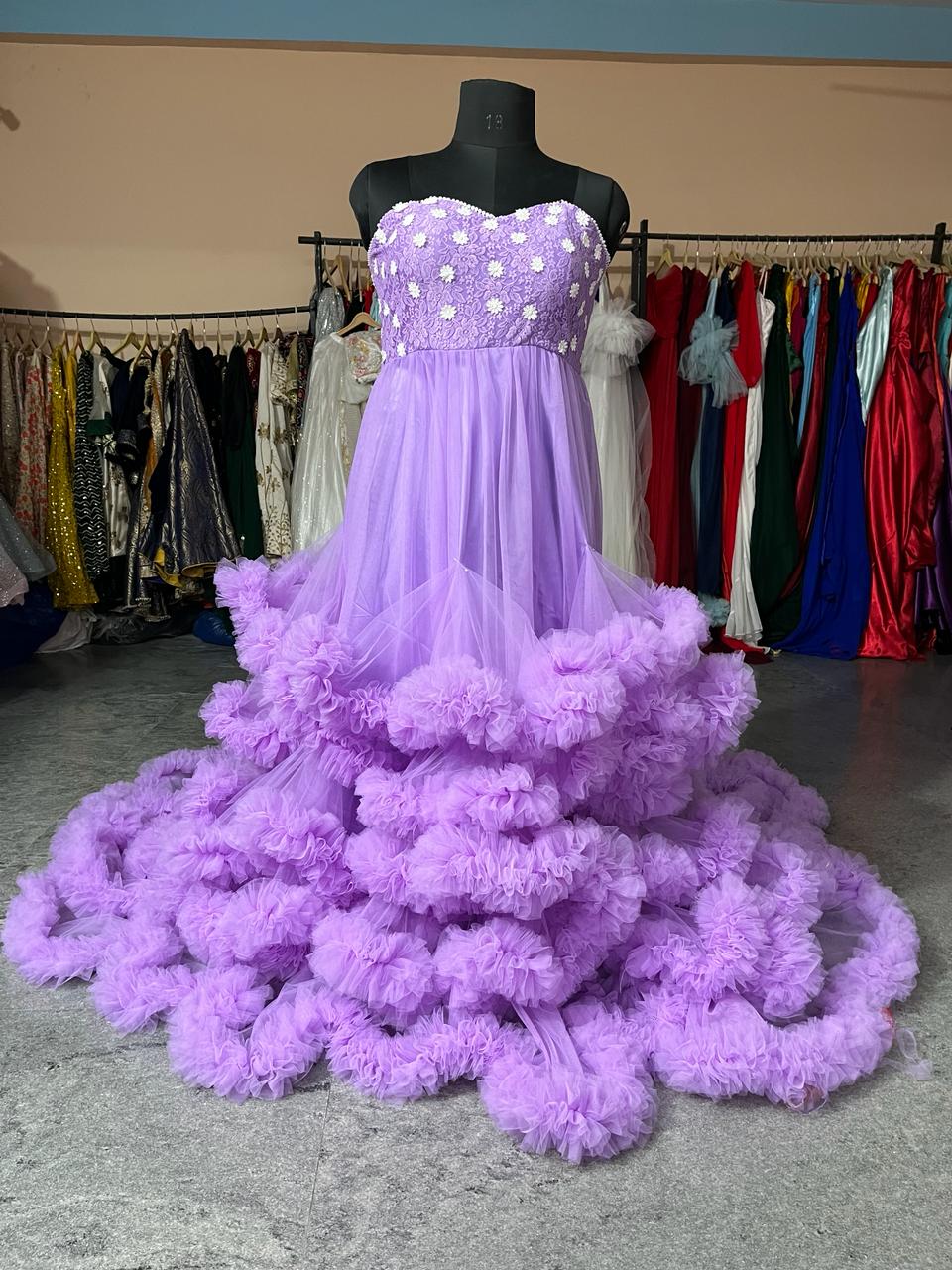 G2400, Lavender Ruffled Frill Maternity Shoot Trail Gown, Size (All)