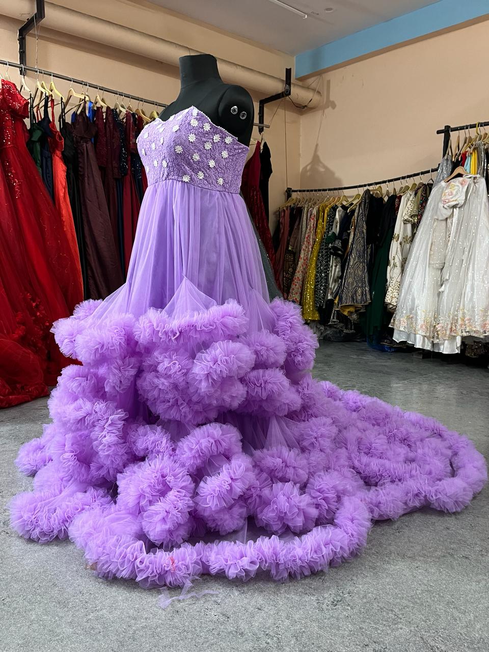 G2400, Lavender Ruffled Frill Maternity Shoot Trail Gown, Size (All)