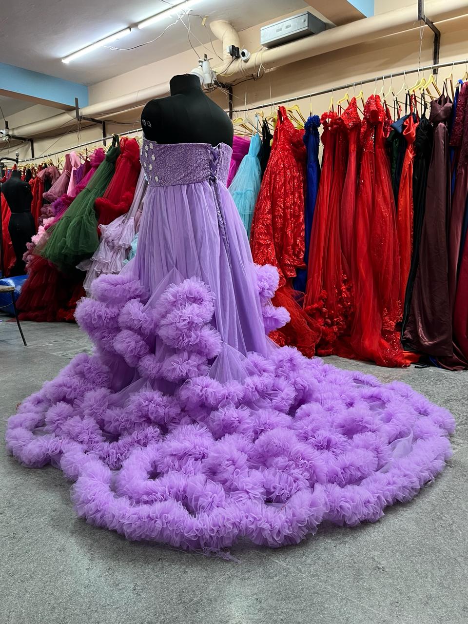 G2400, Lavender Ruffled Frill Maternity Shoot Trail Gown, Size (All)