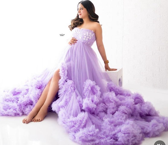 G2400, Lavender Ruffled Frill Maternity Shoot Trail Gown, Size (All)
