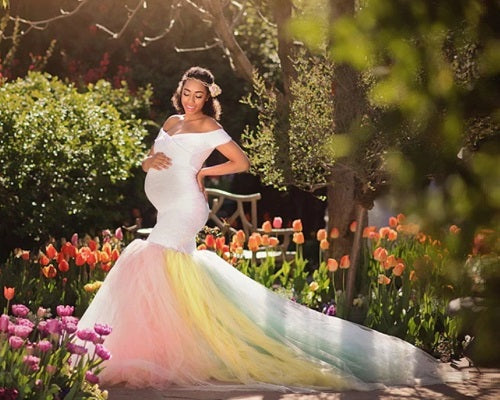 G249, White Top With Botem Layered Malti Colour Maternity Shoot Trail Lycra Body Fit Gown, Size: All, Color: All