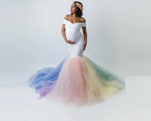 G249, White Top With Botem Layered Malti Colour Maternity Shoot Trail Lycra Body Fit Gown, Size: All, Color: All