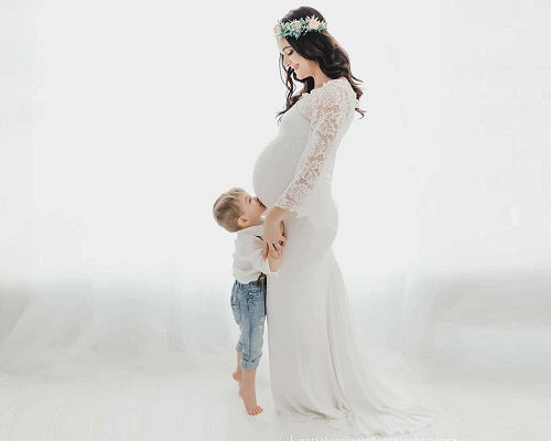 G308, White Os Full Sleeves Maternity Shoot Trail Baby Shower Gown, Size: All, Color: All