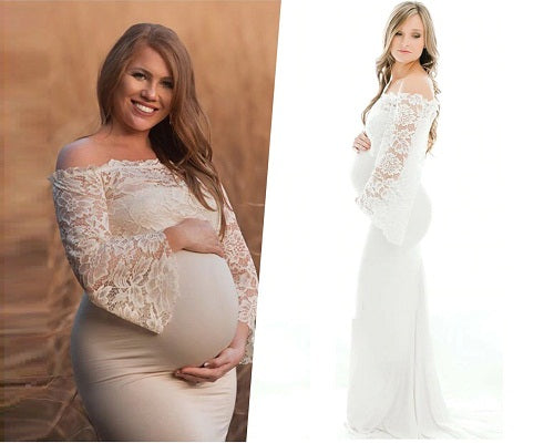 G308, White Os Full Sleeves Maternity Shoot Trail Baby Shower Gown, Size: All, Color: All