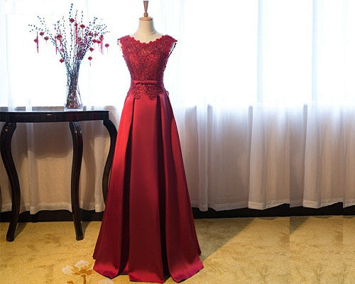 G801, Wine Satin Off Shoulder Lace Trail Ball Gown, Size (XS-30 to XL-40)
