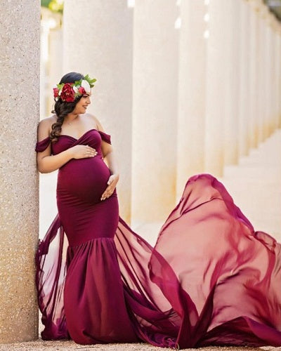 G231,Wine Red Maternity Shoot Baby Shower Trail Lycra Body Fit Gown, Size: All, Color: All