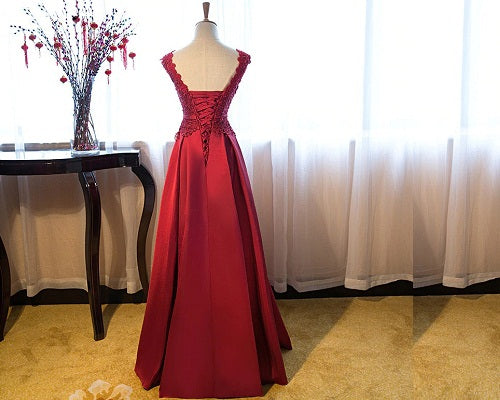 G801, Wine Satin Off Shoulder Lace Trail Ball Gown, Size (XS-30 to XL-40)