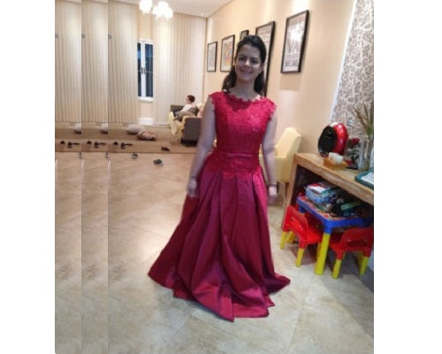 G801, Wine Satin Off Shoulder Lace Trail Ball Gown, Size (XS-30 to XL-40)