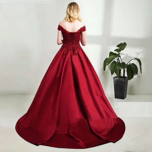 G130, Wine Satin Off Shoulder Trail Ball gown, Size: All, Color: All