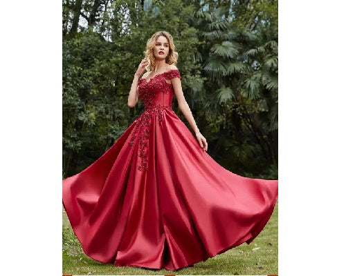 G130, Wine Satin Off Shoulder Trail Ball gown, Size: All, Color: All