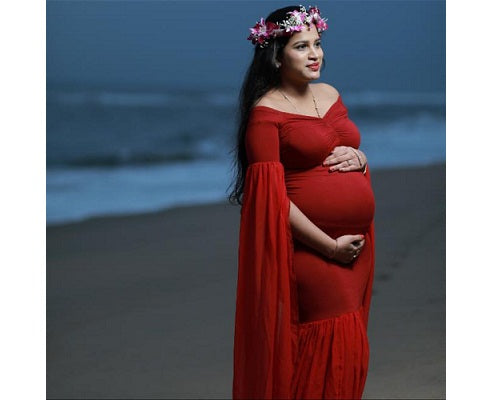 G181, Wine Maternity Shoot Long Sleeves Trail Baby Shower Gown, Size: All, Color: All