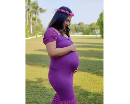 G218,Purple Maternity Shoot Trail Baby Shower Lycra Fit Gown, Size: All, Color: All