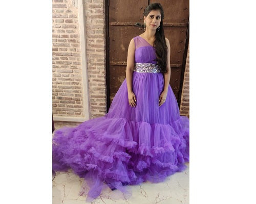 G240, Luxury Purple Ruffle Long Trail Ball Gown Size: All, Color: All