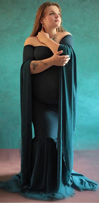 G281, Green Long Sleeves Trail Lycra Fit Gown, Size: All, Color: All