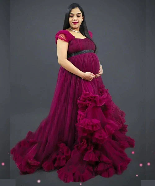 G648, Dark Magenta Puffy Maternity Shoot  Baby Shower Trail Gown, Size: All, Color: All
