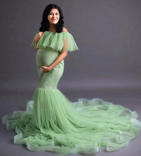 G608, Lime Green Ruffled Maternity Shoot Gown, Size: All, Color: All