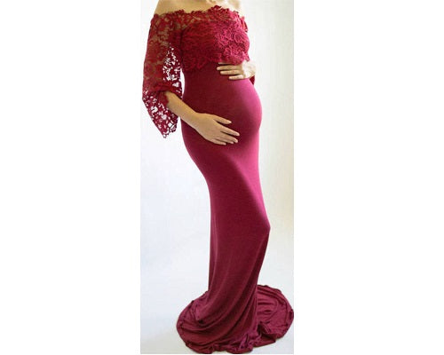 G208, Wine Os Full Sleeves Maternity Shoot Trail Baby Shower Lycra Body Fit Gown, Size: All, Color: All