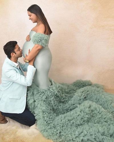 G2030, Light Green Ruffled Maternity Shoot Trail Gown Size: All, Color: All