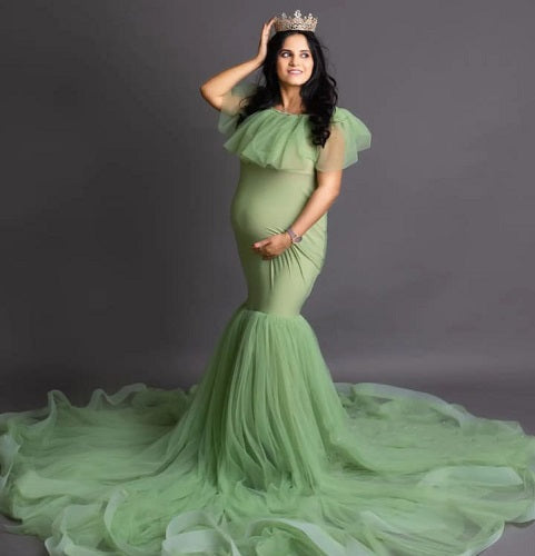 G608, Lime Green Ruffled Maternity Shoot Gown, Size: All, Color: All