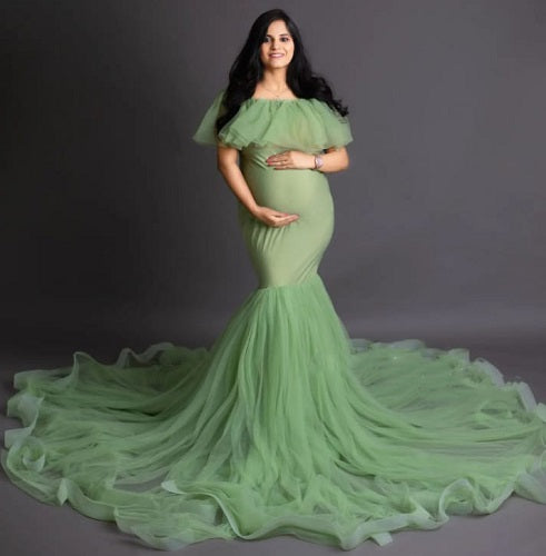 G608, Lime Green Ruffled Maternity Shoot Gown, Size: All, Color: All