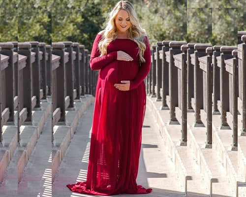 G191, Wine Off Shoulder Full Sleeves Baby Shower Gown, Size: All, Color: All