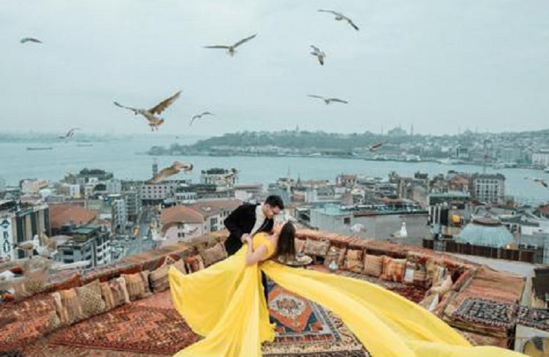 G888, Yellow Twin Trail prewedding Shoot Long Trail Gown Size: All, Color: All